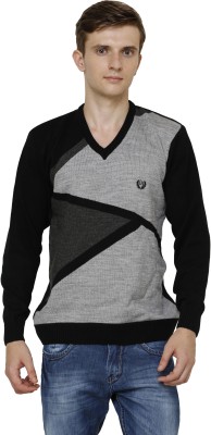 Leebonee Graphic Print V Neck Casual Men Black Sweater