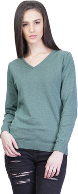 

Kalt Solid V-neck Casual Women Green Sweater, Green melange