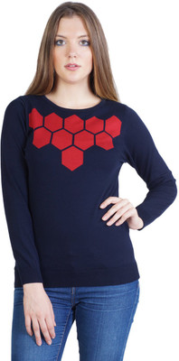 

Kalt Self Design Round Neck Casual Women Red Sweater, Navy;red