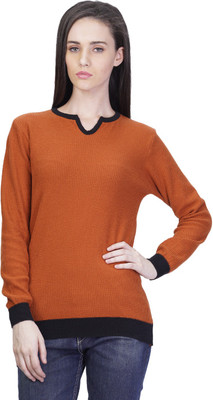 

Kalt Self Design Round Neck Casual Women Orange Sweater, Rust