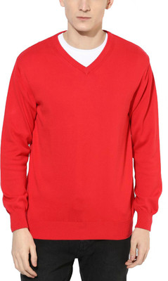 Super Weston Solid V Neck Men Red Sweater