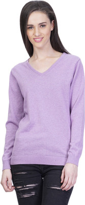 

Kalt Solid V-neck Casual Women Purple Sweater, Purple melange