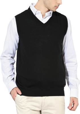 Super Weston Solid V Neck Men Black Sweater