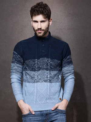 Roadster Self Design Turtle Neck Casual Men Blue Sweater