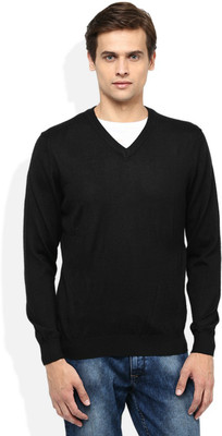 Super Weston Solid V Neck Men Black Sweater