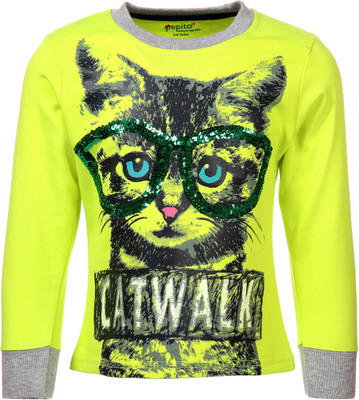 Pepito Full Sleeve Embellished Girls Sweatshirt, Neon green