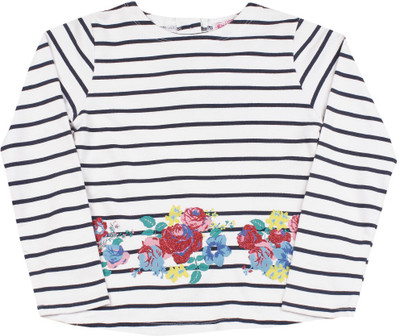 

NautiNati Girls Striped Cotton T Shirt(White, Pack of 1