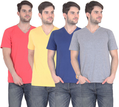 

FnMe Solid Men' V-neck Multicolor T-Shirt(Pack of 4, Blue;carrot;grey;yellow