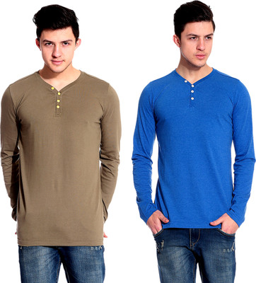 

Lemon & Vodka Solid Men's Henley Blue, Brown T-Shirt(Pack of 2