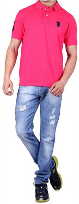 

ganesh creation Solid Men's Polo Neck Pink T-Shirt, Magenta