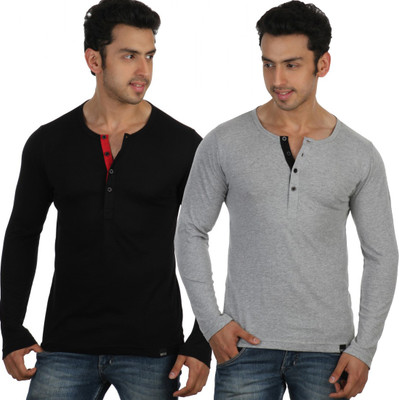 

Rigo Solid Men's Henley Black, Grey T-Shirt(Pack of 2)