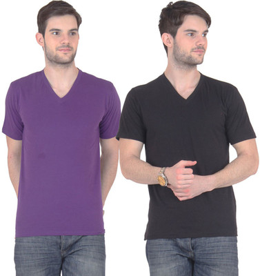 

E'Hiose Solid Men's V-neck Multicolor T-Shirt(Pack of 2, Black;purple