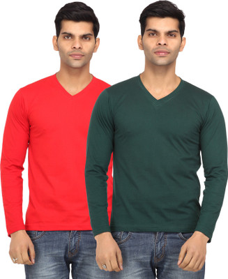 

Leana Solid Men' V-neck Red, Green T-Shirt(Pack of 2, Green;red