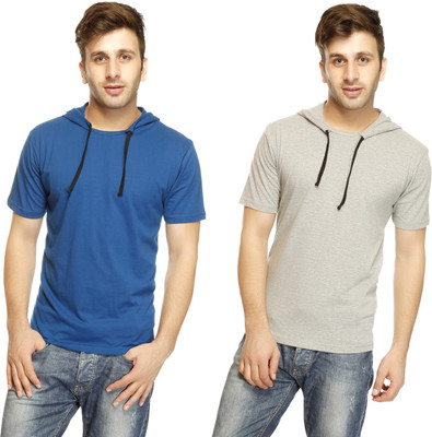 

Gritstones Solid Men' Hooded Grey, Blue T-Shirt(Pack of 2, Grey melange/indigo
