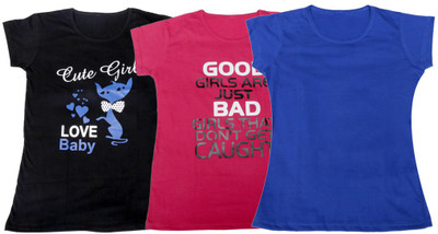 

IndiWeaves Girls Printed T Shirt(Multicolor, Black & pink & blue
