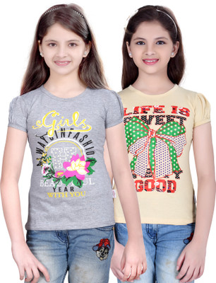 

FabTag - Sini Mini Girls Printed T Shirt(Silver, Pack of 2, Silver & beige
