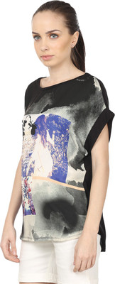 

Raw Designs Printed Women's Round Neck Light Blue, Black T-Shirt, Sober light blue;stylish black