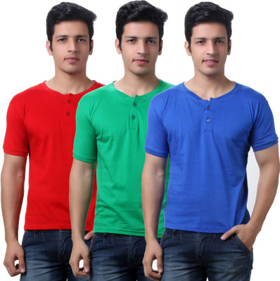 

TeeMoods Solid Men's Henley Red, Green, Blue T-Shirt(Pack of 3), Green;red;royal blue