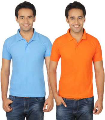 

Quetzal Solid Men's Polo Neck Orange, Blue T-Shirt(Pack of 2, Orange;sky blue
