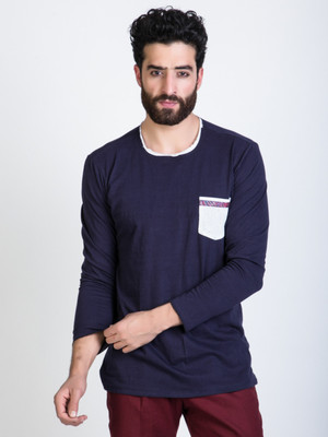Mr Button Solid Men' Round Neck Blue T-Shirt