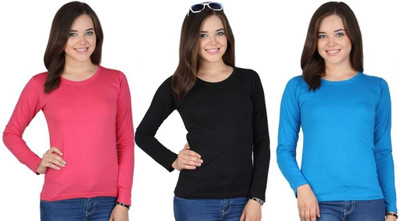 

SayItLoud Solid Women's Round Neck Multicolor T-Shirt(Pack of 3), Pink;black;blue