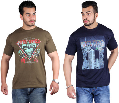 

Shineway Printed Men's Round Neck Multicolor T-Shirt(Pack of 2, Coffee;navy