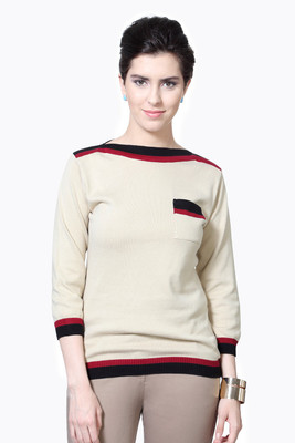 

Annabelle by Pantaloons Solid Women' Boat Neck Beige T-Shirt, Ecru