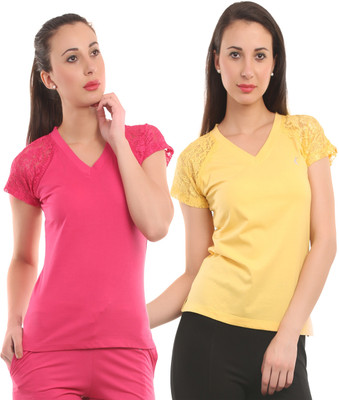 

Ultra Fit Solid Women's V-neck Yellow, Pink T-Shirt(Pack of 2), Magenta;yellow