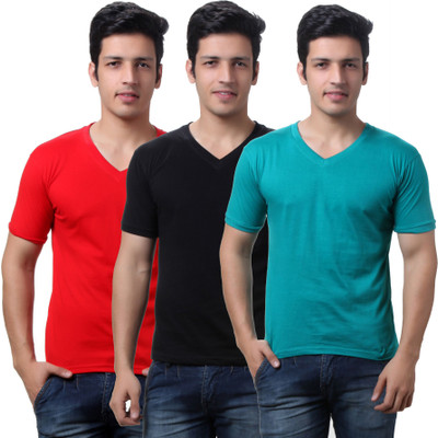 

TeeMoods Solid Men's V-neck Black, Red, Green T-Shirt(Pack of 3), Black;red;sea green