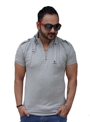

Black Collection Solid Men's Flap Collar Neck Grey T-Shirt