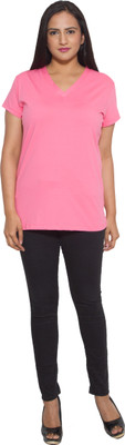 

Finesse Solid Women's V-neck Pink T-Shirt