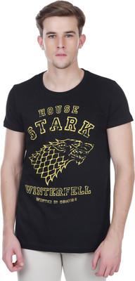 

White Kalia Printed Men's Round Neck Black T-Shirt