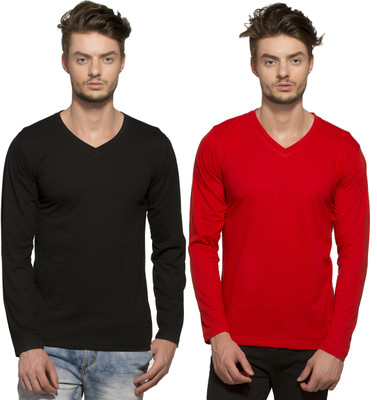 

Alan Jones Solid Men's V-neck Black T-Shirt(Pack of 2, Black and red