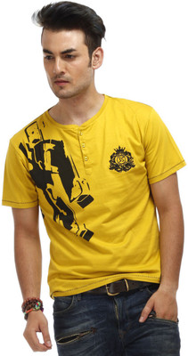 

Chlorophile Printed Men' Henley Yellow T-Shirt, Mustard yellow