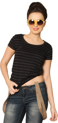 

Miss Chase Striped Women's Round Neck Black T-Shirt, Stripe