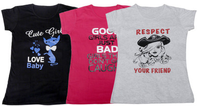 IndiWeaves Girls Printed T Shirt(Multicolor, Black & pink & white