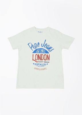 

Pepe Jeans Boys Printed Cotton T Shirt(White, Pack of 1, Ecru
