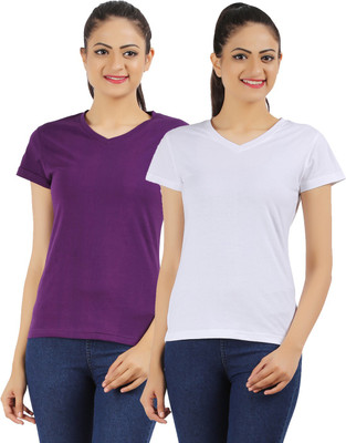 

Ap'pulse Solid Women's V-neck Purple, White T-Shirt(Pack of 2)