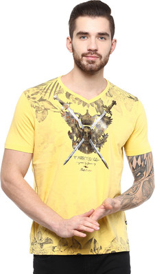 

Fritzberg Printed Men's V-neck Yellow T-Shirt, Mustard
