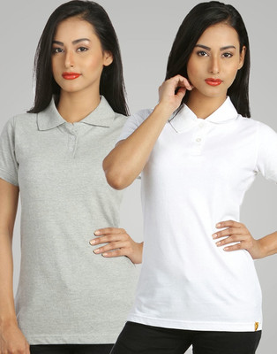 

Campus Sutra Solid Women' Polo Neck Grey, White T-Shirt(Pack of 2