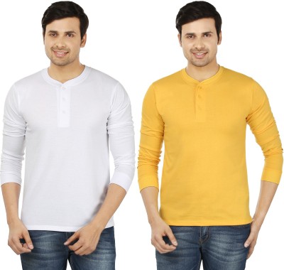 weardo Solid Men Henley Neck White, Yellow T-Shirt