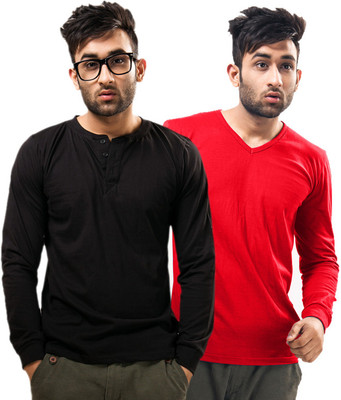 

Unisopent Designs Solid Men's Henley Black, Red T-Shirt(Pack of 2