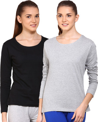 

Ap'pulse Solid Women Round Neck Black, Grey T-Shirt(Pack of 2), _blk_gmel