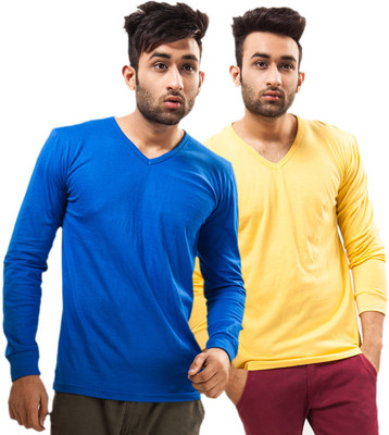 

Unisopent Designs Solid Men's V-neck Blue, Yellow T-Shirt(Pack of 2, Royal blue