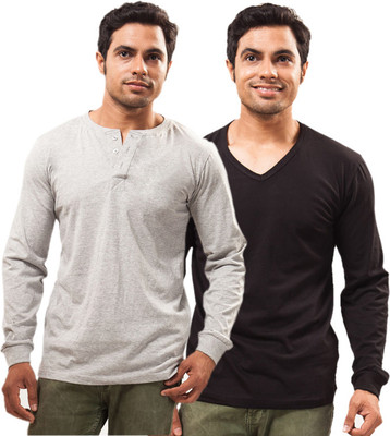 

Unisopent Designs Solid Men' Henley Grey, Black T-Shirt(Pack of 2