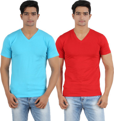 

Lyril Solid Men's V-neck Blue, Red T-Shirt(Pack of 2