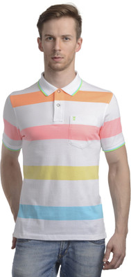 

WRIG Striped Men's Polo Neck White T-Shirt