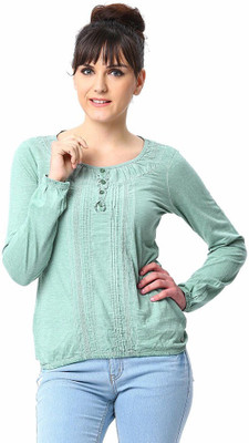 

Espresso Solid Women's Round Neck Green T-Shirt