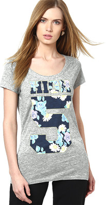 

Vero Moda Geometric Print Women' Round Neck Grey T-Shirt, Light grey melange