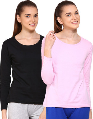 

Ap'pulse Solid Women Round Neck Black, Pink T-Shirt(Pack of 2), _blk_lpnk